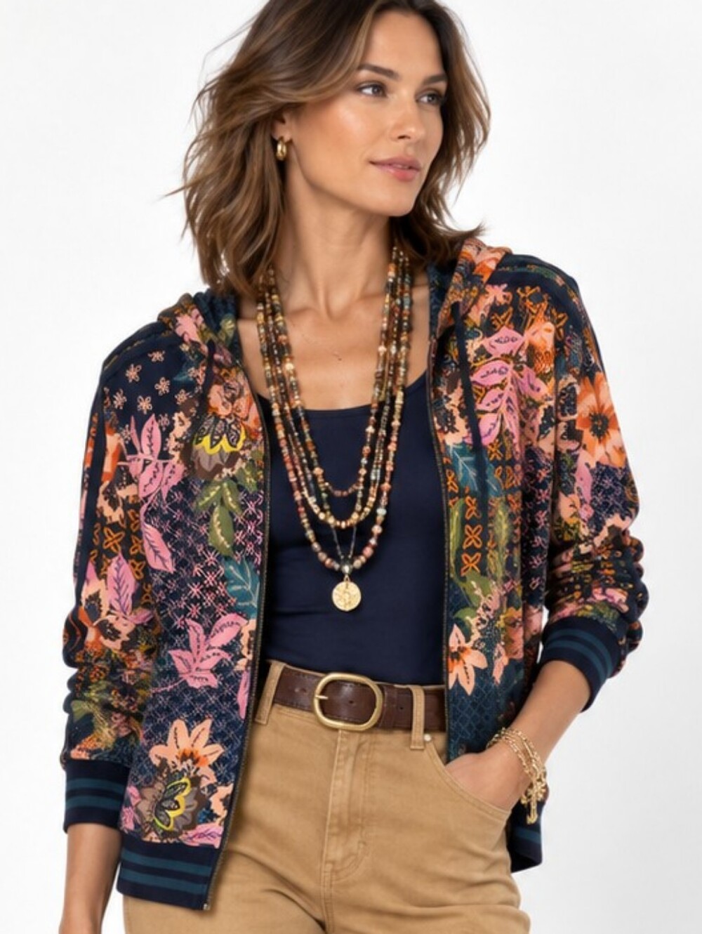 Johnny Was Delfina Zip Floral Mixed Print Jacket Hooded